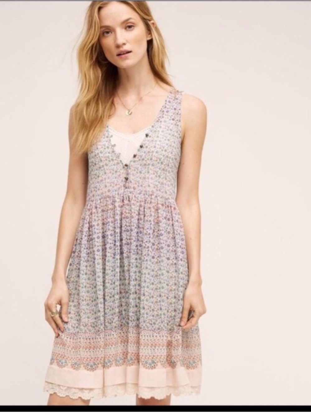 Maeve Pastel Floral V-Neck Midi Dress in Pink and Cream